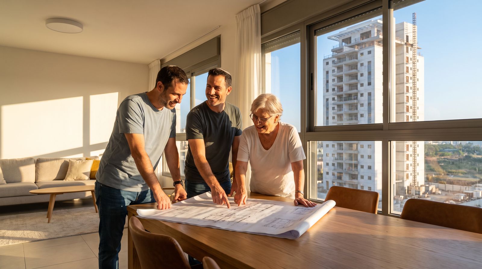 משפחה בוחנת תוכניות אדריכליות של דירת תמורה בפינוי בינוי